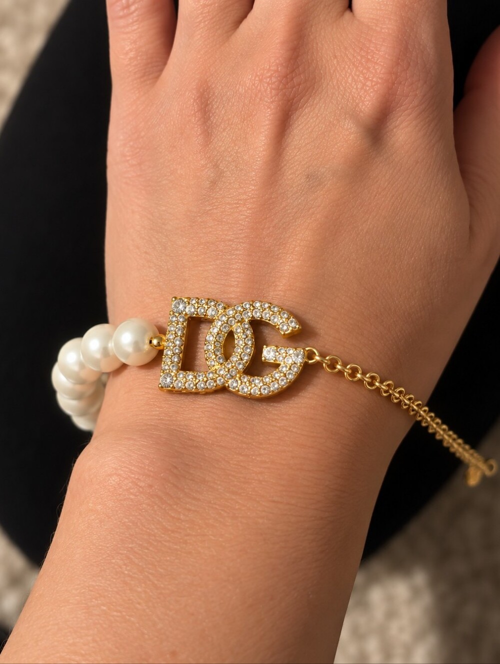 D&G Gold Pearl Bracelet with Crystal Logo